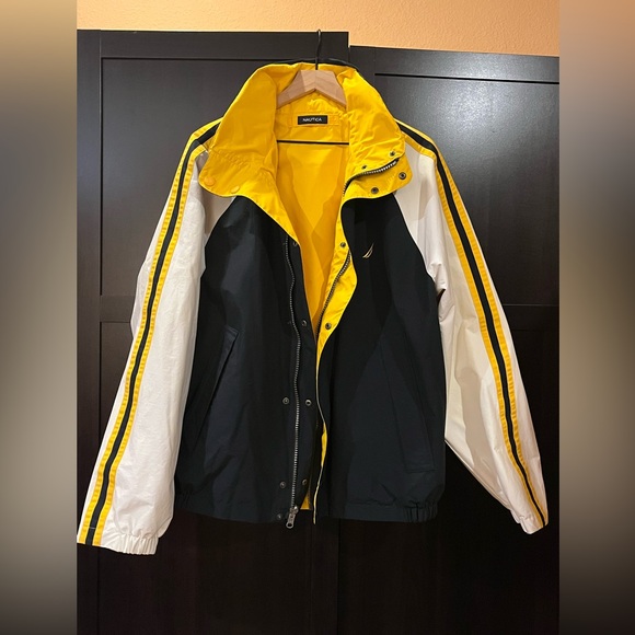 Nautica Men’s Reversible jacket/ windbreaker. Navy blue, white, yellow. Hood. XL - Picture 2 of 13